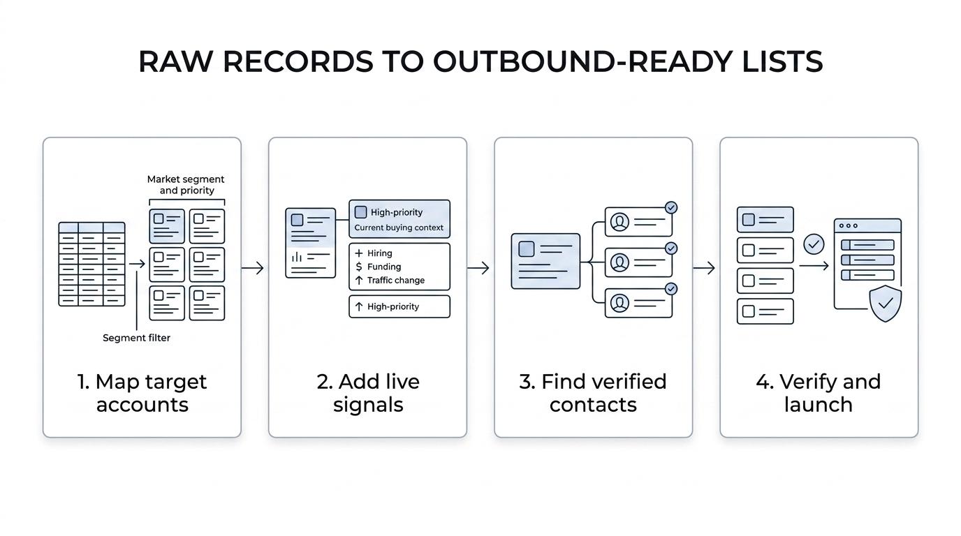 Flow diagram showing incomplete lead records moving through TAM mapping, signal enrichment, contact verification, and multichannel outbound execution.