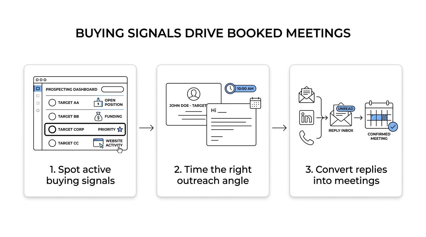 Workflow showing buying signals leading to targeted outreach, reply handling, qualification, and booked meetings.