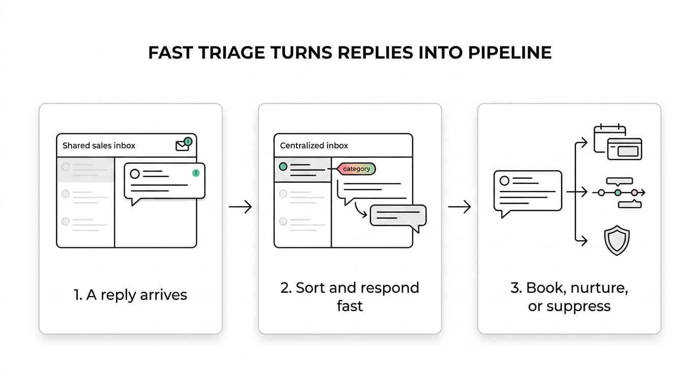 Flowchart showing outbound replies sorted into interested, referral, not now, objection, opt-out, and out-of-office, then routed to scheduling, nurture, suppression, or team handoff.