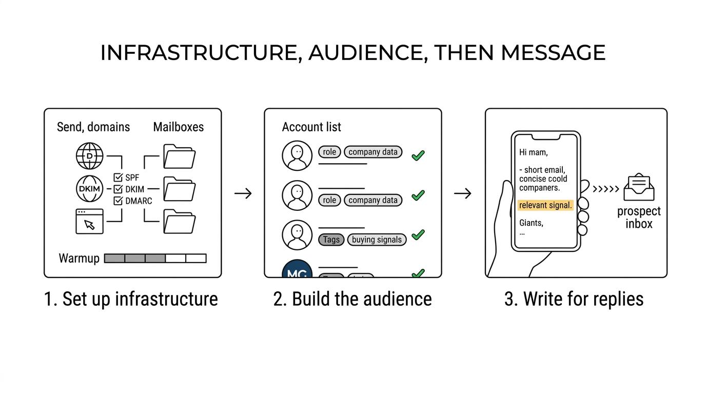 A three-stage outbound setup process showing infrastructure first, then audience building, then message creation over the first 30 days.