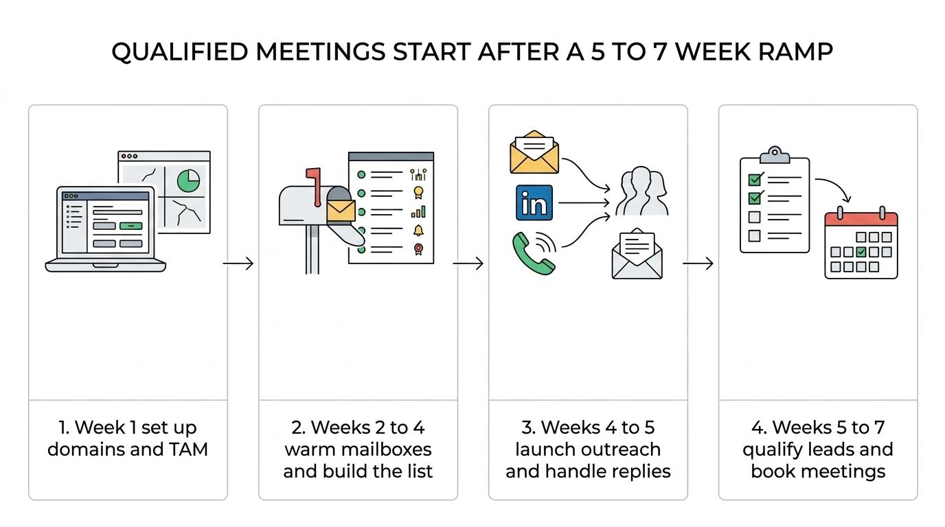 A timeline showing Reachly’s outsourced SDR ramp from kickoff and domain setup to warmup, outreach launch, and first qualified meetings in weeks 5 to 7.