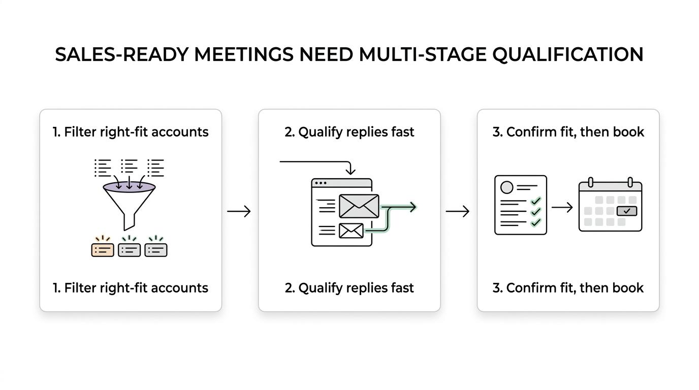 Process graphic showing Reachly’s lead qualification flow from account targeting to outreach, reply management, and booked sales-ready meetings.