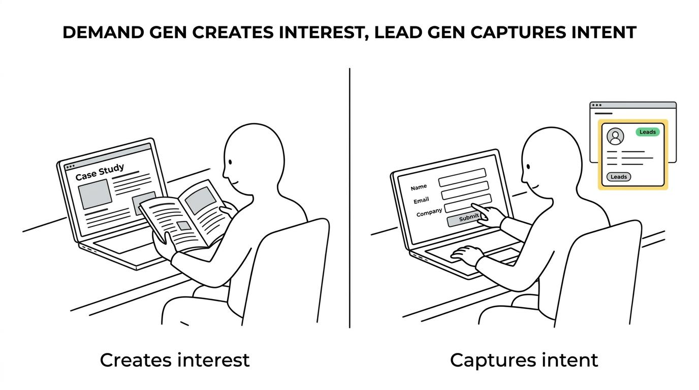 Side-by-side comparison of demand generation and lead generation across content, CTA, audience state, and sales follow-up.