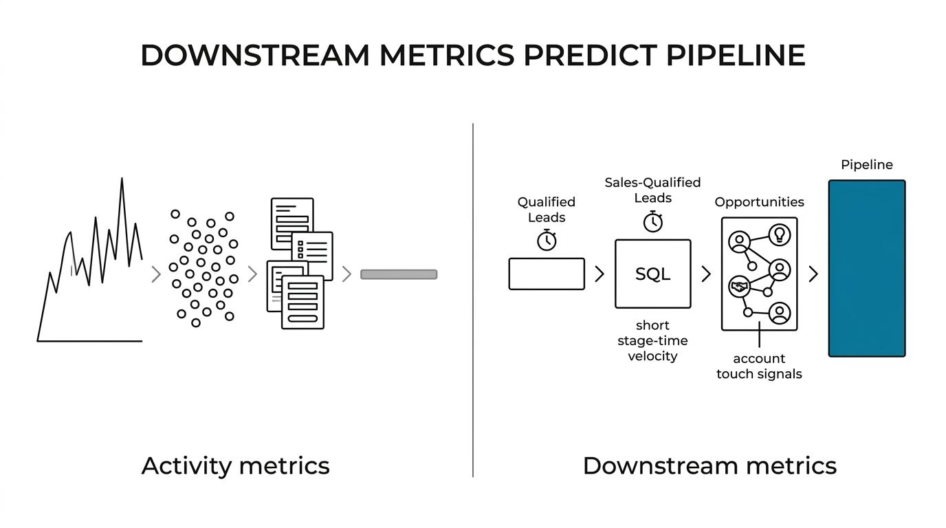 Side-by-side comparison of activity metrics like traffic and form fills versus pipeline metrics like MQL-to-SQL conversion, opportunity rate, stage velocity, and account engagement.