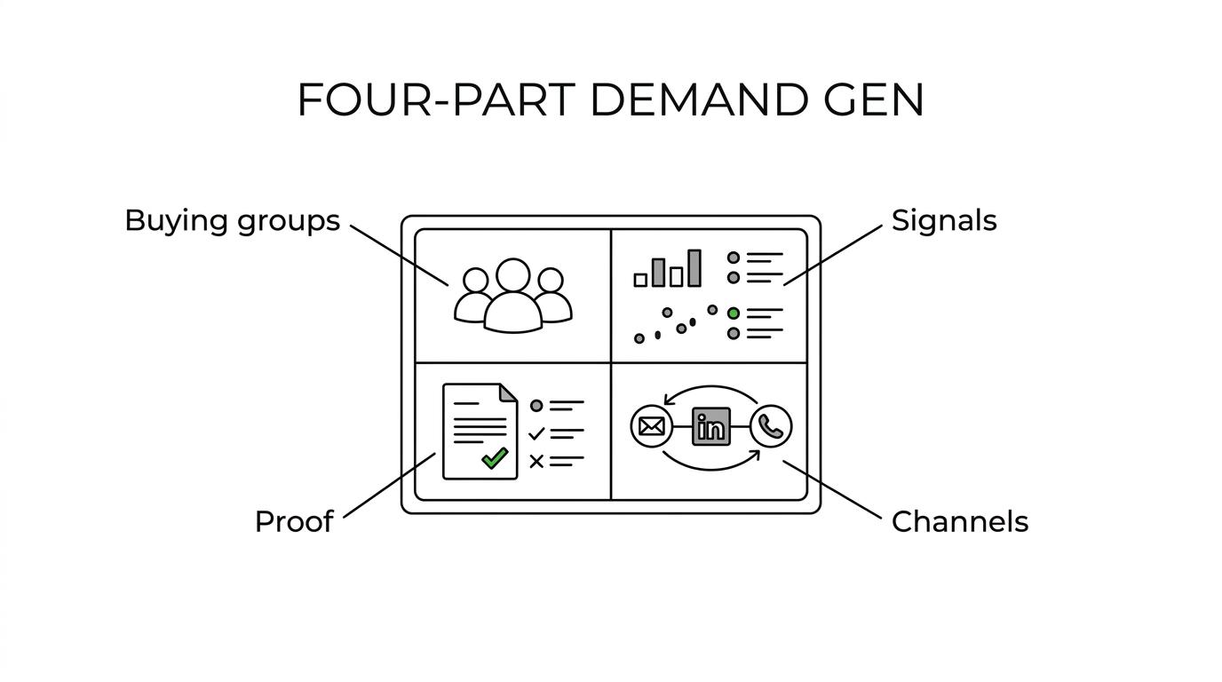 Labeled diagram of a 2026 B2B demand generation strategy with four connected parts: buying-group coverage, signal-based targeting, proof-led messaging, and coordinated cold email, LinkedIn, and cold calling.