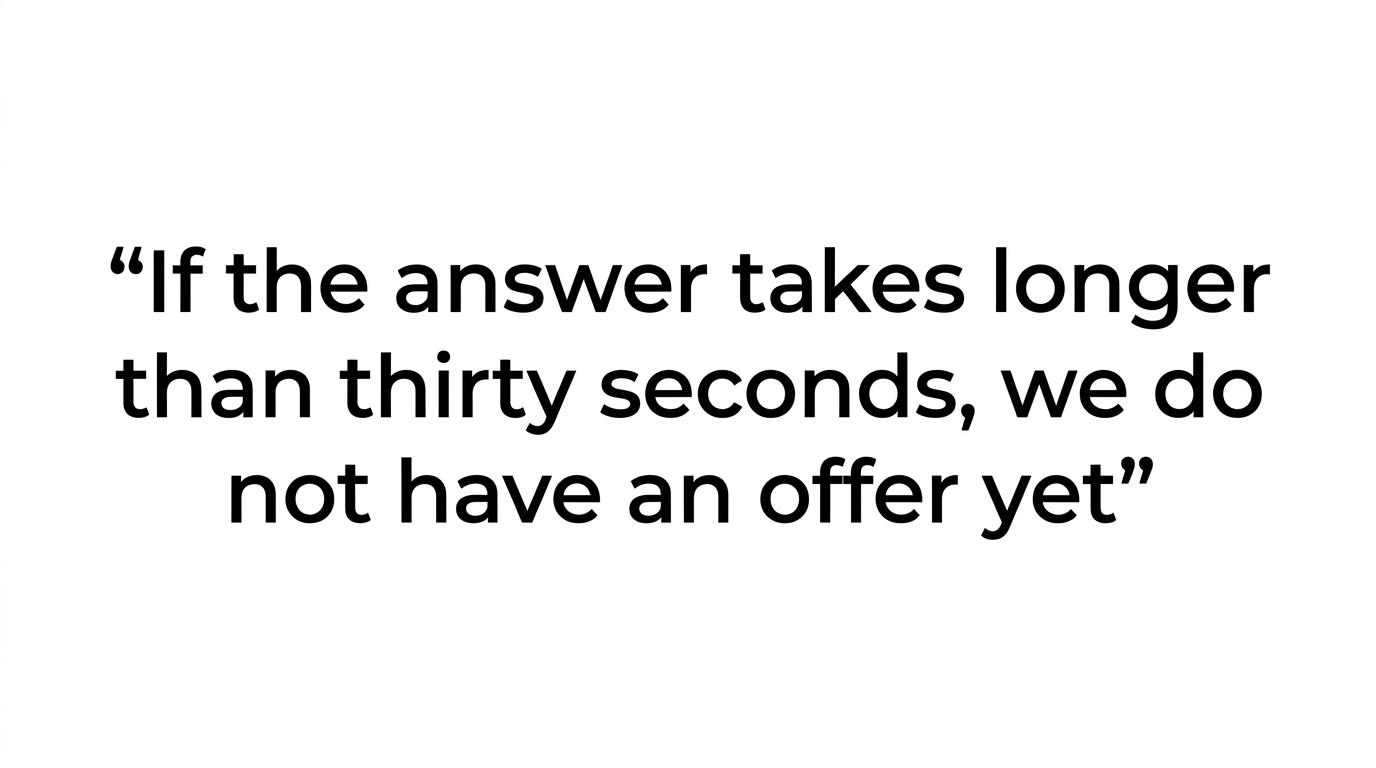 Quote highlight stating that if an offer takes longer than 30 seconds to explain, the team does not have an offer yet.