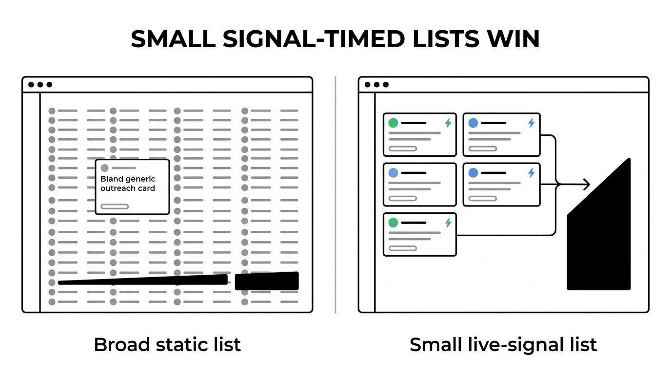 Side-by-side comparison of broad prospecting and lean ABM, showing large static lists and generic outreach on one side versus a small signal-based account set with a clear offer on the other.