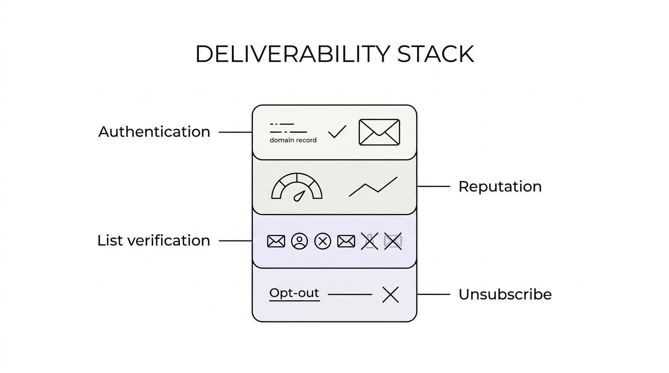 A labeled email deliverability stack showing four connected layers: authentication, reputation monitoring, list verification, and unsubscribe compliance, with example tools for each.