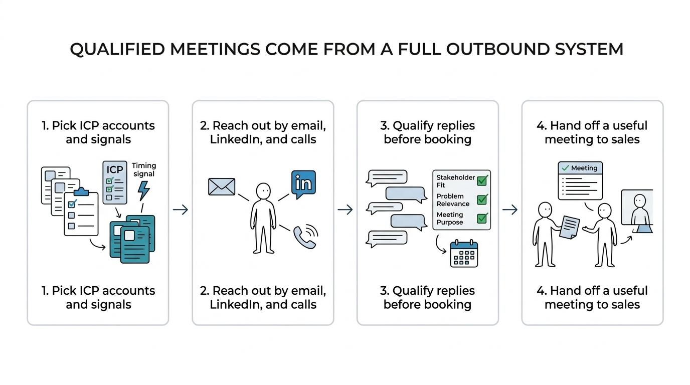 Flow showing target account selection, multichannel outreach, qualification, meeting booking, and handoff to sales.