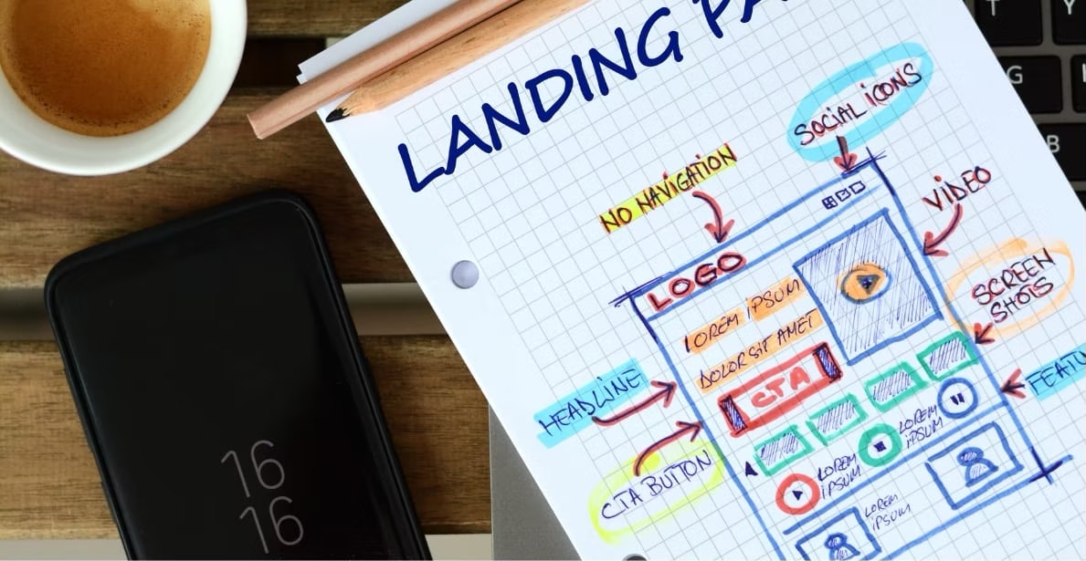 Photo of a hand-drawn landing page wireframe on paper beside a phone and a coffee cup, annotated with logo, headline, CTA and social icons.