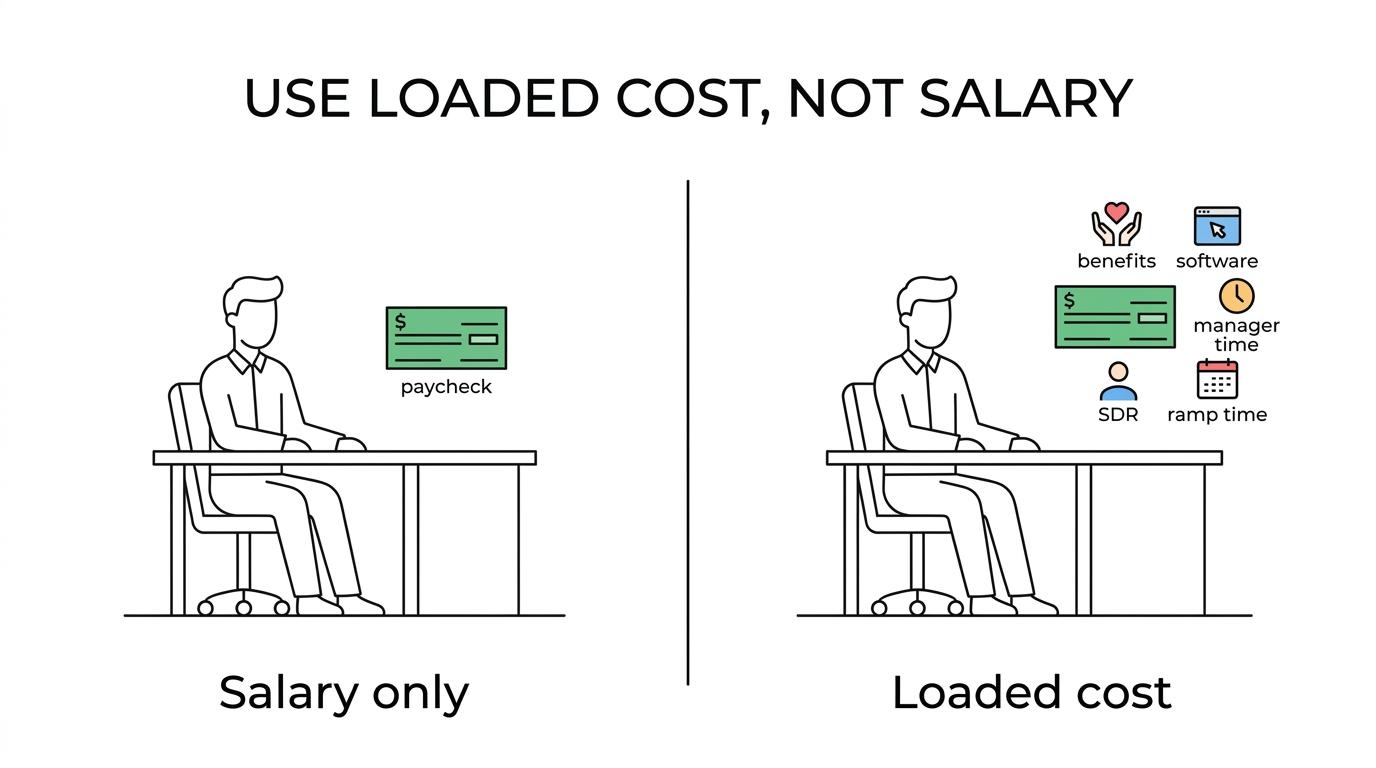 Side-by-side comparison of an in-house SDR and outsourced sales development, highlighting higher year-one cost and slower ramp for the in-house option.