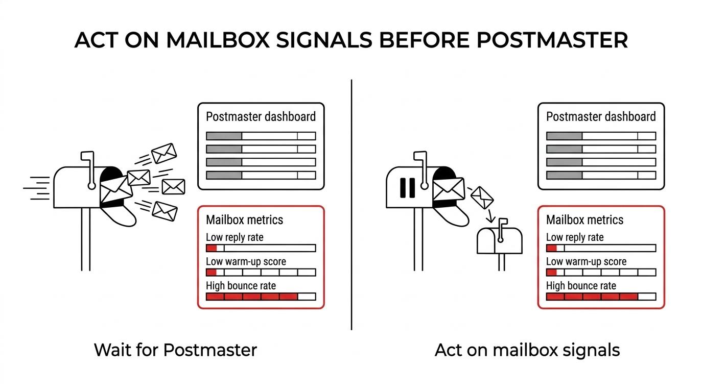Side-by-side comparison showing early mailbox warning thresholds on one side and delayed Google Postmaster warning signals on the other, with the corresponding sending actions.