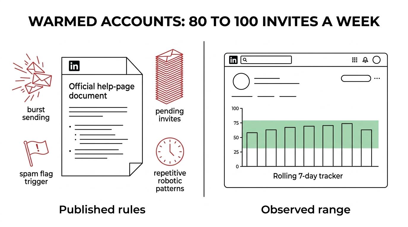Side-by-side comparison of LinkedIn’s published guidance and observed 2026 invite limits for warmed, new, and healthy accounts.