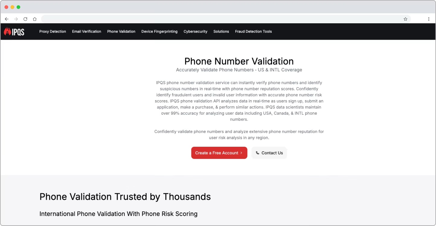 Screenshot of the IPQualityScore phone number validation page