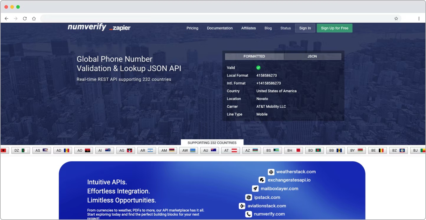 Screenshot of the Numverify homepage showing a sample JSON lookup result