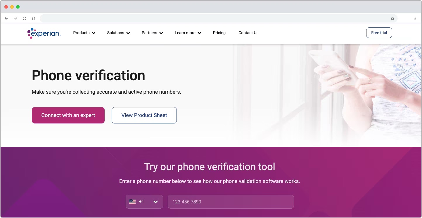Screenshot of the Experian phone verification product page