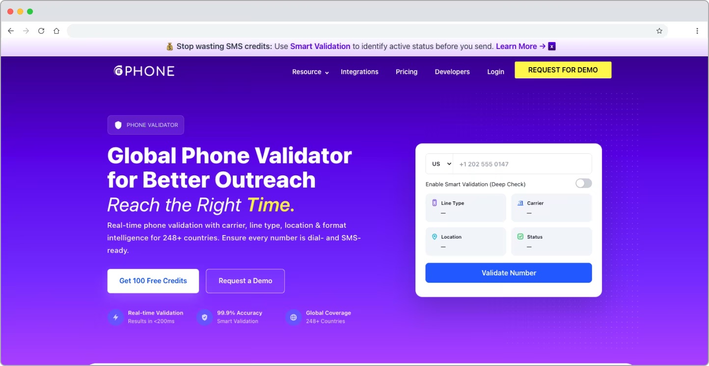 Screenshot of the ClearoutPhone homepage with its phone validator form