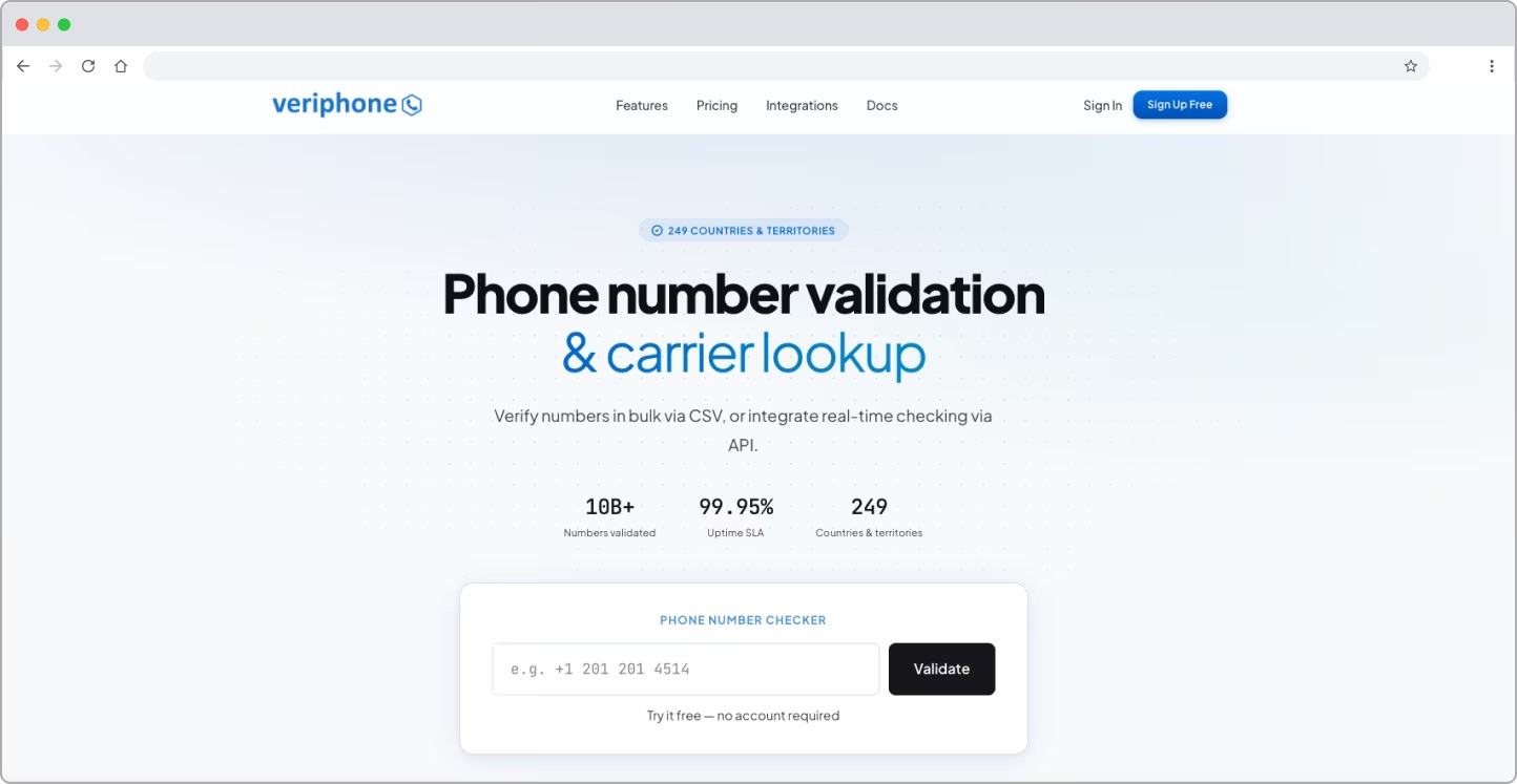 Screenshot of the Veriphone homepage with its phone number checker