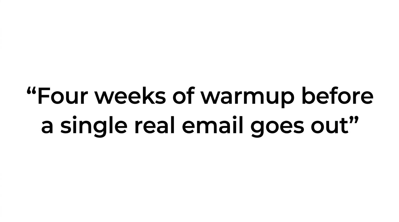 A highlighted quote stating that four weeks of warmup are required before real cold emails go out.