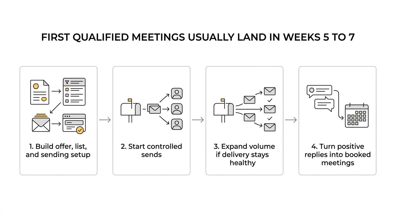 A step-by-step timeline showing weeks 1 through 7 of building an outbound sales pipeline, from ICP and infrastructure setup to controlled sending, volume ramp, and first qualified meetings.