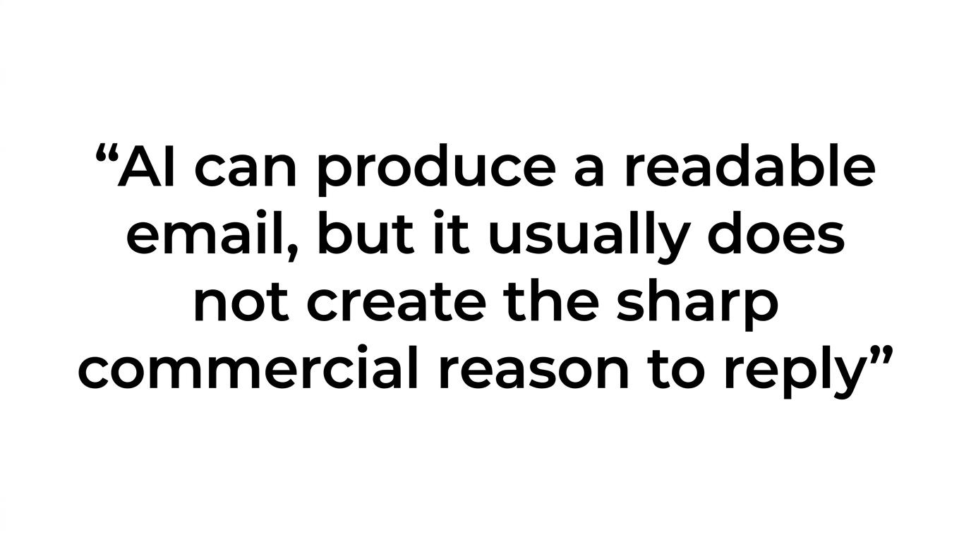 Highlighted quote stating that AI can produce a readable email but usually does not create the sharp commercial reason to reply.