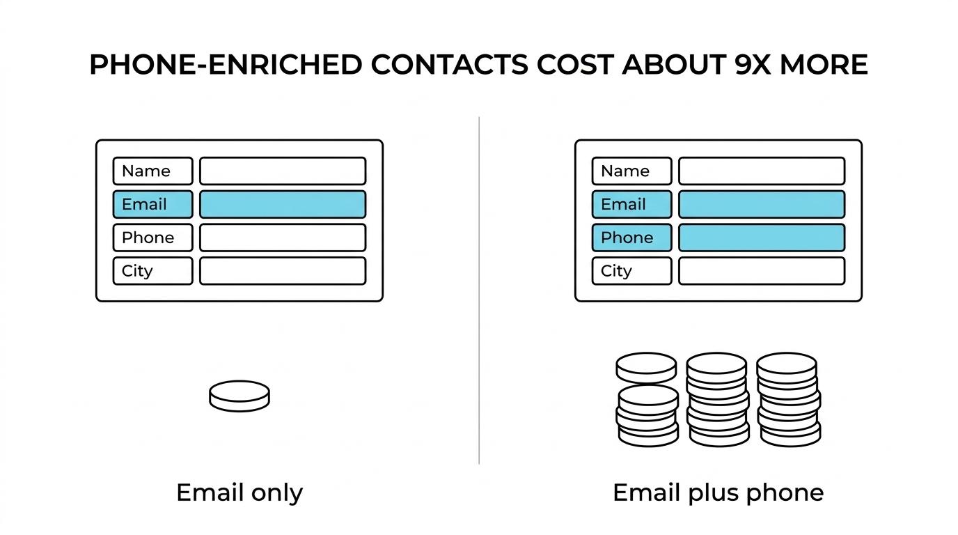 Side-by-side comparison of an Apollo email-only contact versus an email-plus-phone contact, showing 1 credit versus 9 credits and a much higher cost per usable contact.