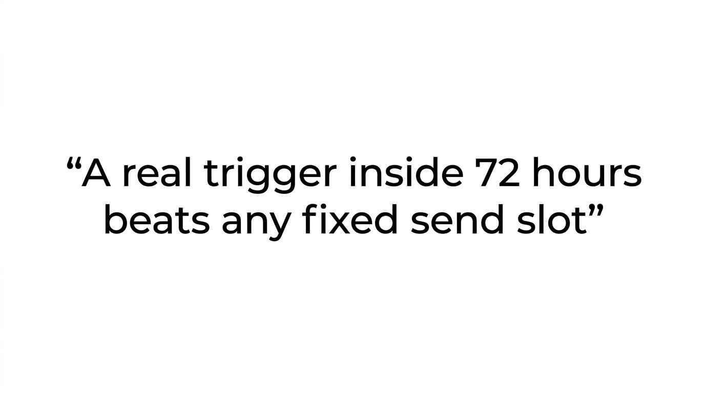 Quote highlight stating that a trigger inside 72 hours matters more than a perfect fixed send slot.