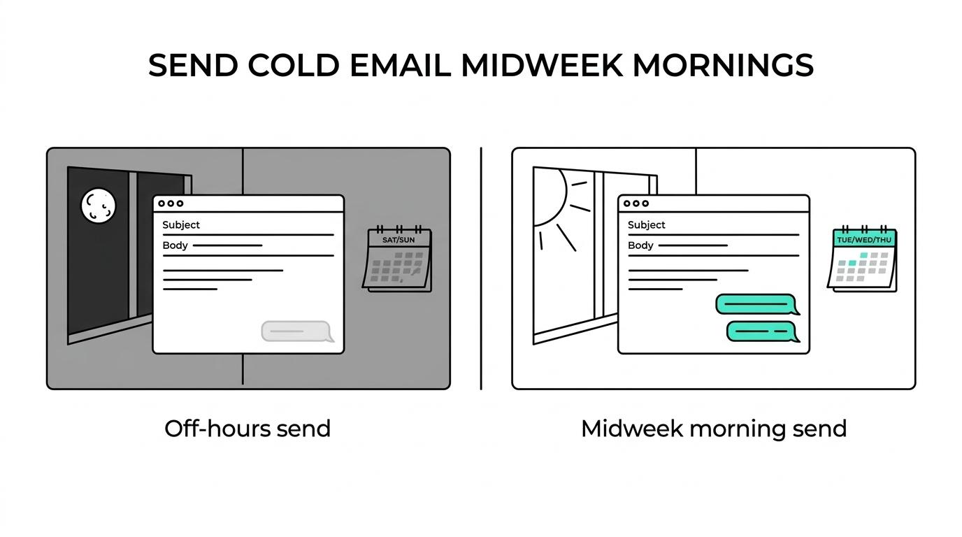 Comparison of a Tuesday to Thursday morning local-time send window versus late-night and weekend cold email timing marked as weak.