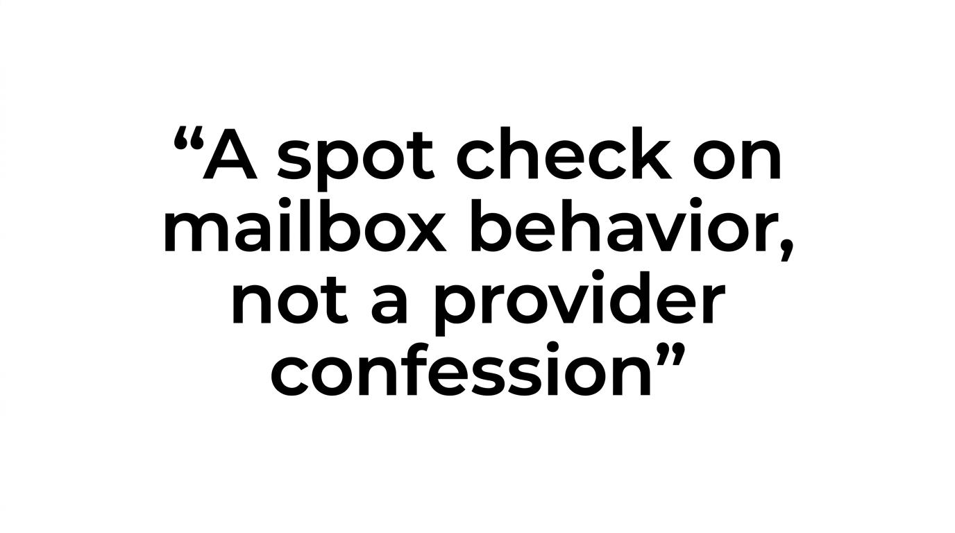 Highlighted quote stating that an inbox placement test is a spot check on mailbox behavior, not a provider confession.