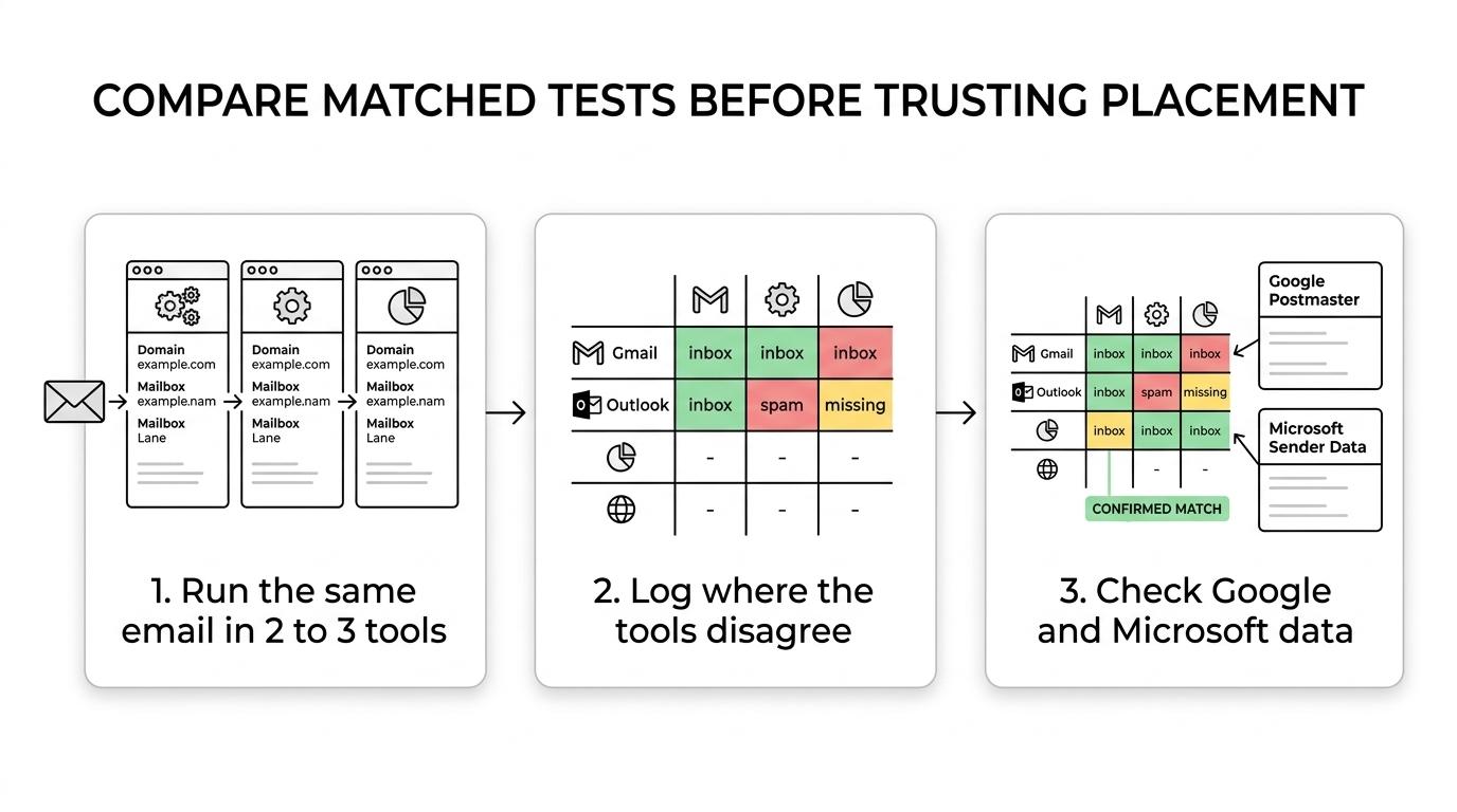 Flowchart showing the same email sent through multiple seed-list testers, then checked against Google Postmaster and Microsoft sender data.