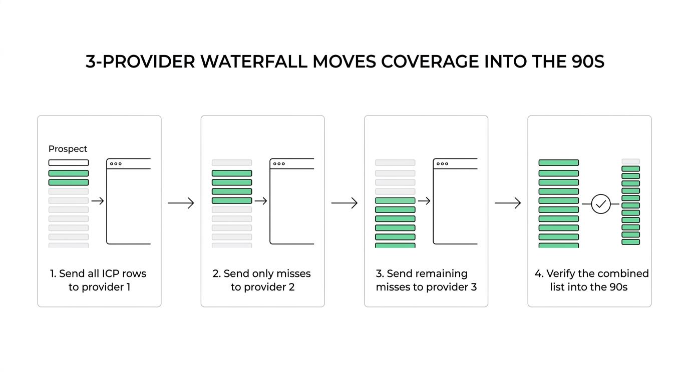 A three-step waterfall showing ICP rows sent first to Icypeas, then unmatched rows to Prospeo, then remaining misses to BetterContact, ending with higher verified coverage.