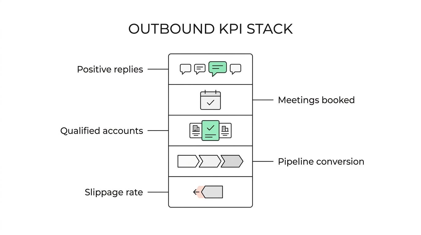 Labeled outbound KPI stack showing delivery, positive replies, meeting conversion, qualification, opportunity conversion, pipeline movement, slippage, and cycle time.