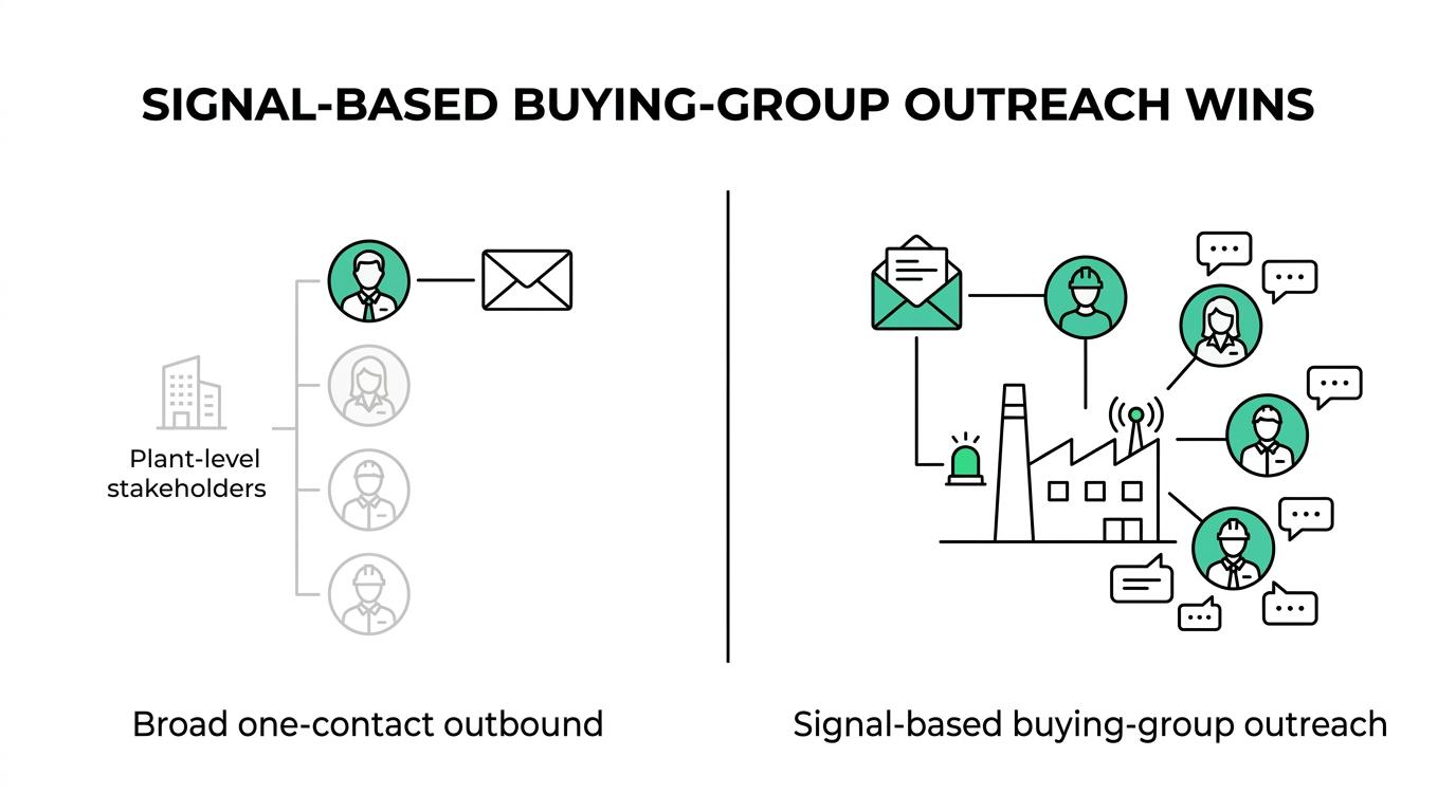 Side-by-side comparison of broad firmographic outbound versus signal-based manufacturing outreach across targeting, stakeholders, messaging, and typical reply-rate ranges.