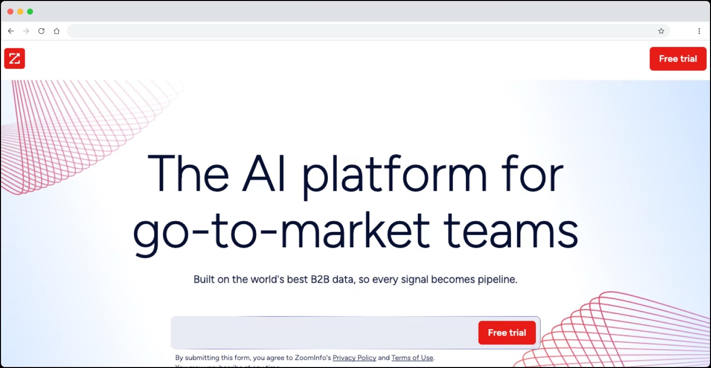 The ZoomInfo homepage headline, The AI platform for go-to-market teams, shown in a browser window.
