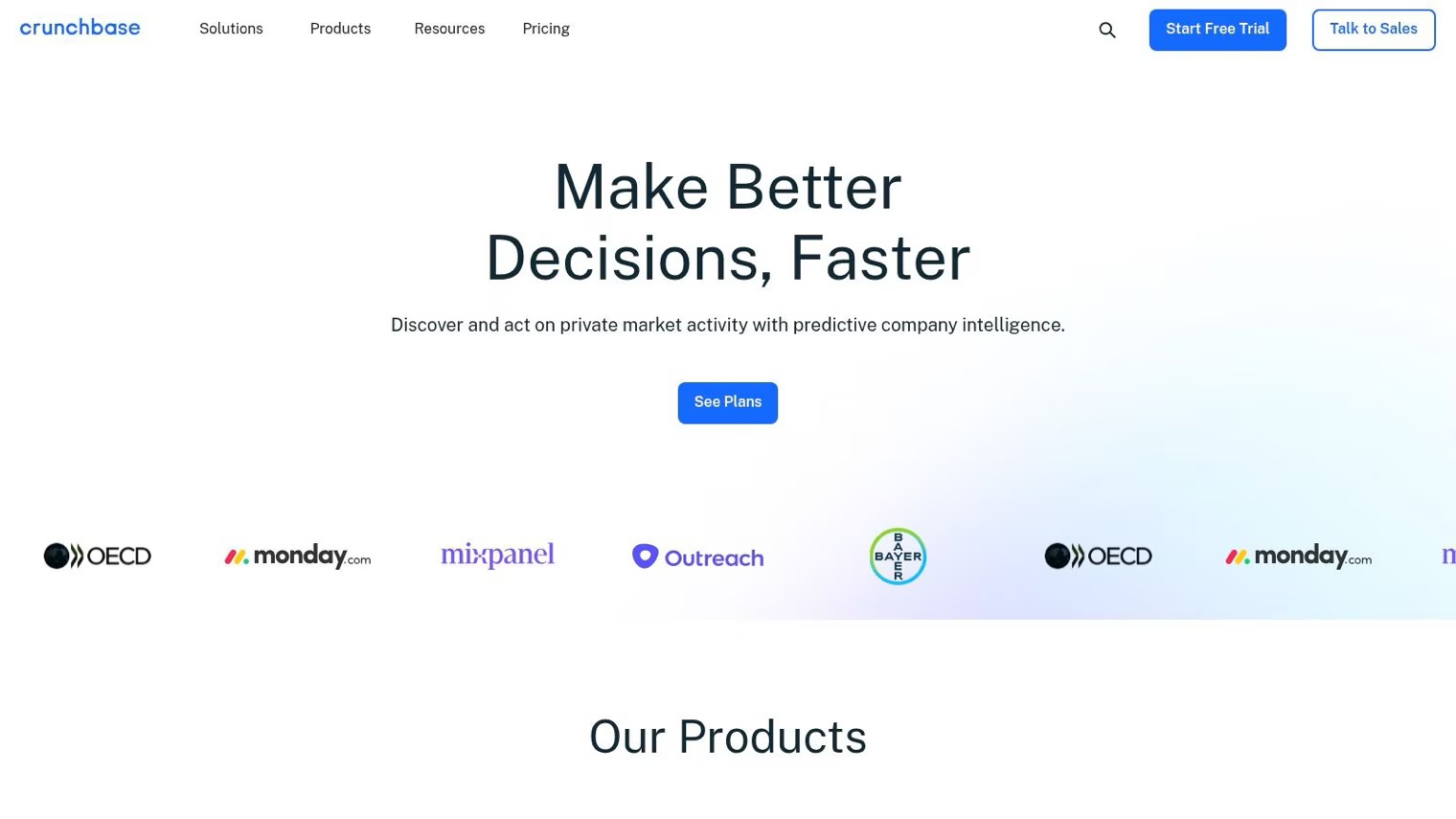 The Crunchbase homepage with the headline Make better decisions, faster.