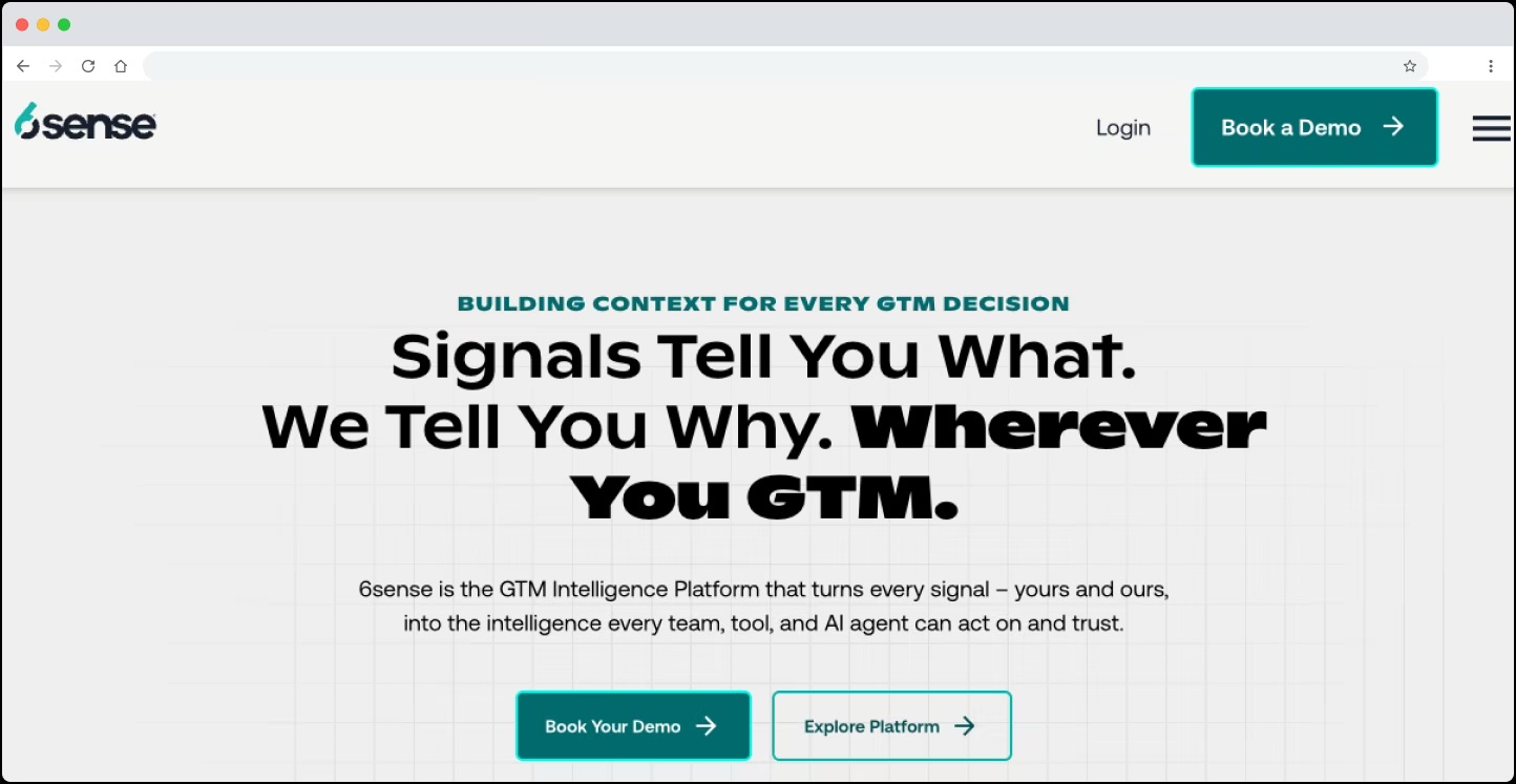 The 6sense homepage with the headline Signals tell you what. We tell you why.