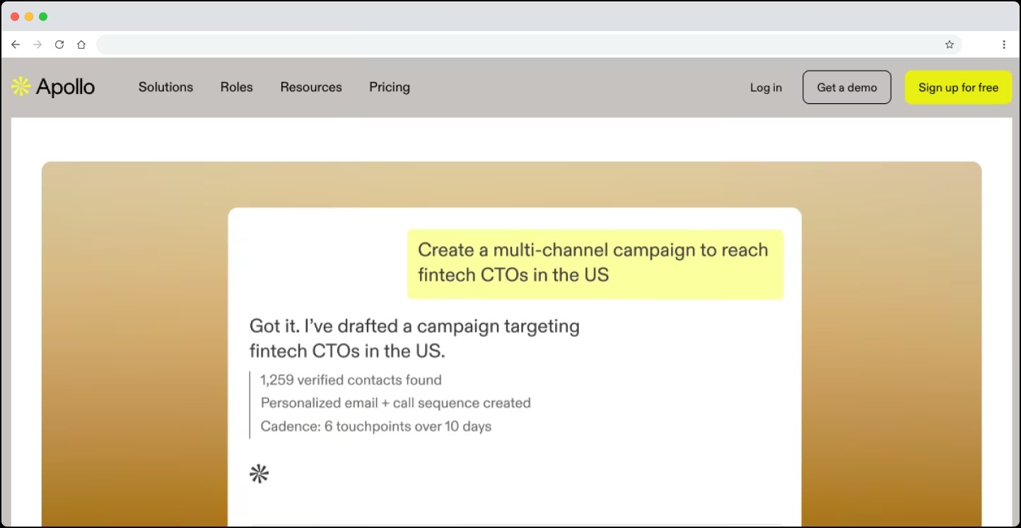 The Apollo.io homepage showing its AI assistant drafting a multichannel campaign to fintech CTOs in the US.