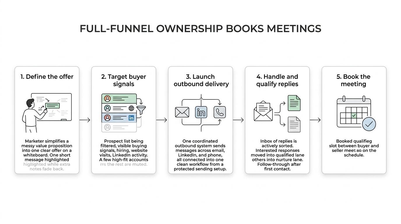 A step-by-step flow showing offer, targeting, outreach infrastructure, reply handling, and booked meetings.