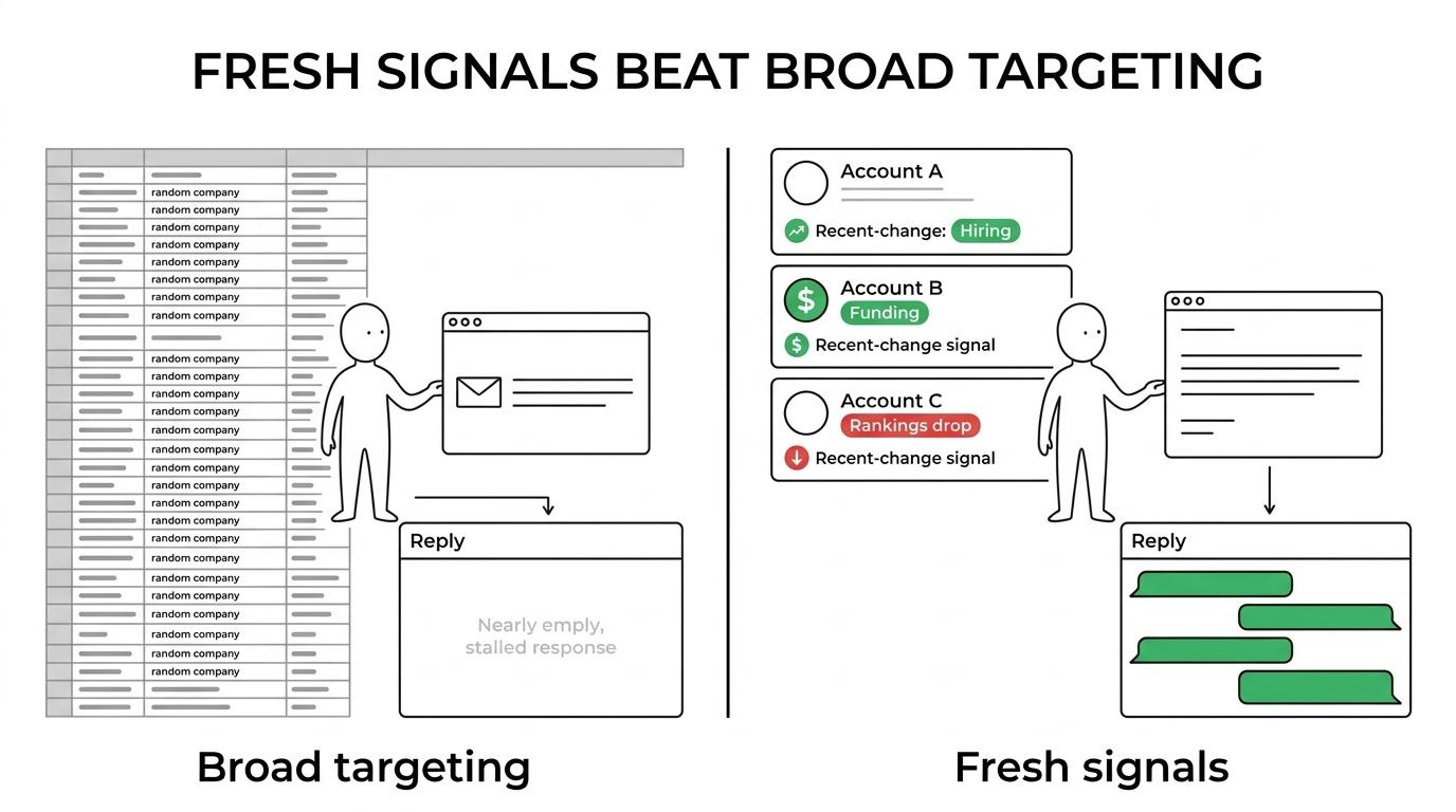 Side-by-side comparison of broad outbound targeting versus signal-based outreach for marketing agencies.