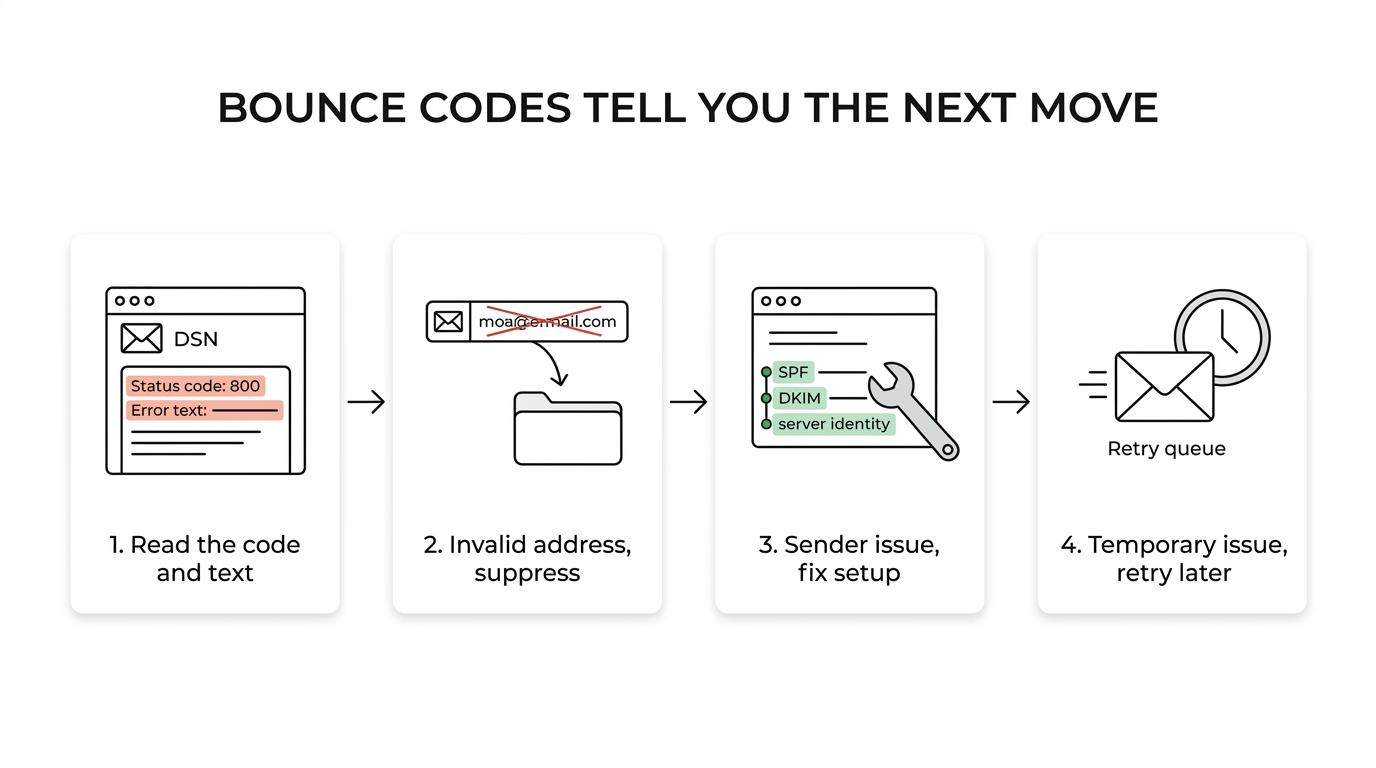Flowchart showing how to read an email bounce code and decide whether to suppress the address, fix sender setup, or retry later.