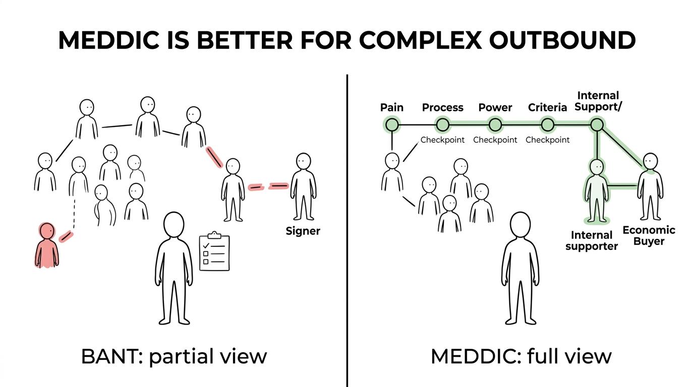 Side-by-side comparison of BANT and MEDDIC showing where each fits and what MEDDIC adds for complex outbound sales.