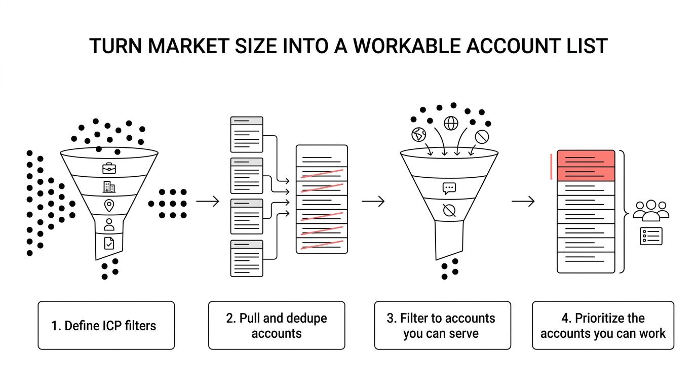 A staged funnel showing TAM, SAM, and SOM narrowing from 3,200 ICP-fit fintech accounts to 1,400 serviceable accounts to 320 worked accounts and 8 expected customers.