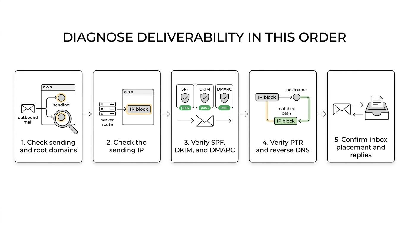 Five-step flow showing subdomain and root blacklist checks, sending IP check, SPF/DKIM/DMARC validation, PTR verification, and inbox placement review.