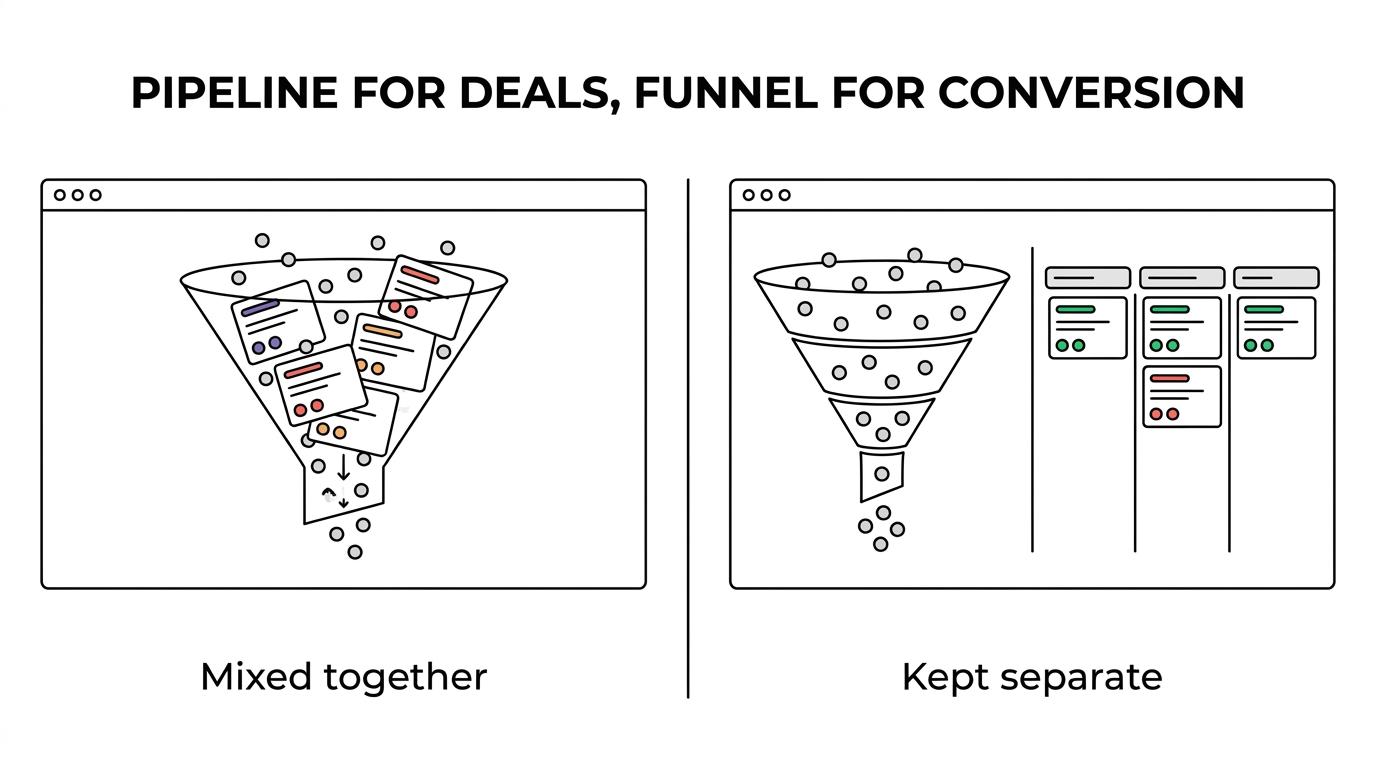 Side-by-side comparison of a sales pipeline and a sales funnel, showing deal management on one side and conversion tracking on the other.