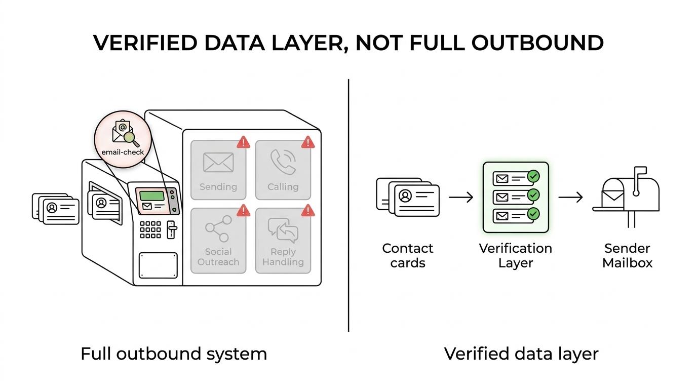 Side-by-side comparison showing Findymail handling email finding and verification on one side, and missing outbound functions like sending, warmup, reply handling, and audience building on the other.