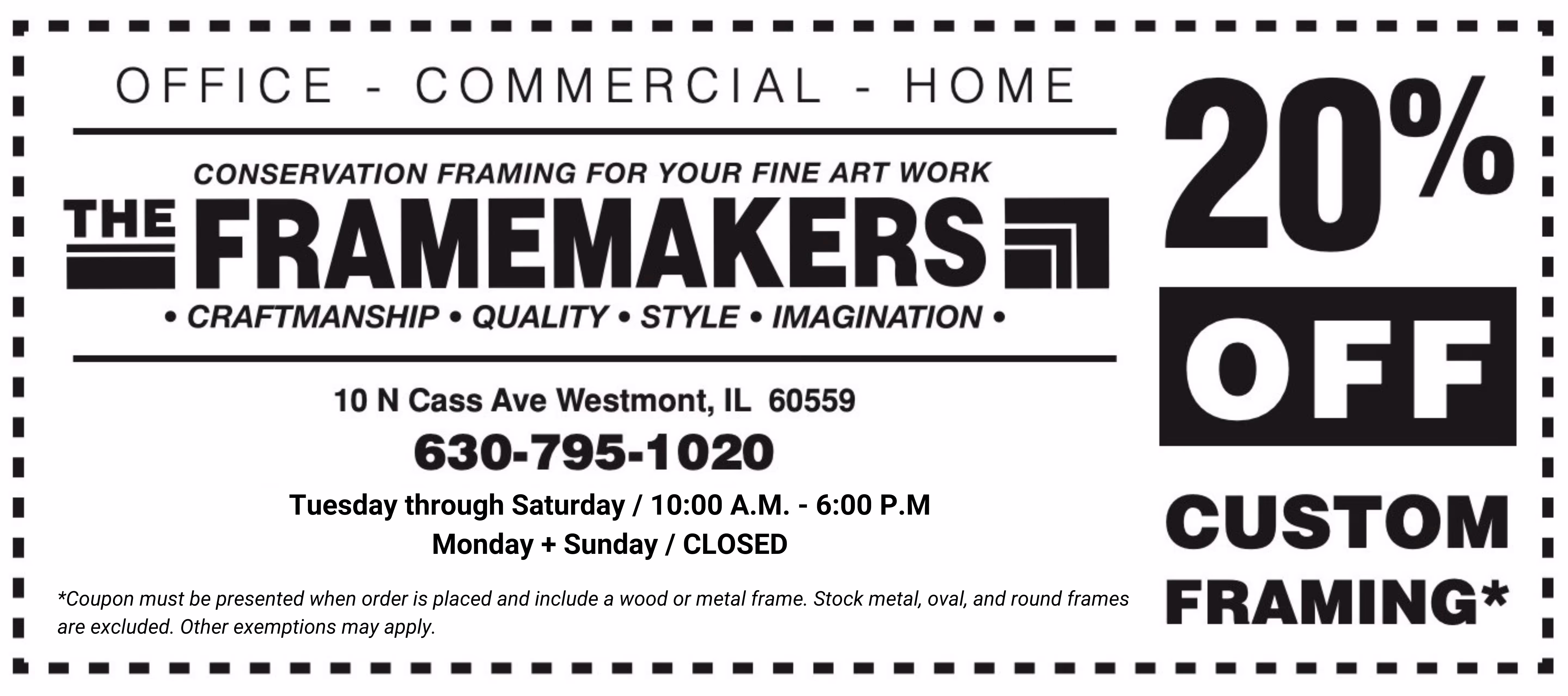 Coupon for The Framemakers offering 20% off custom framing with contact details and business hours.