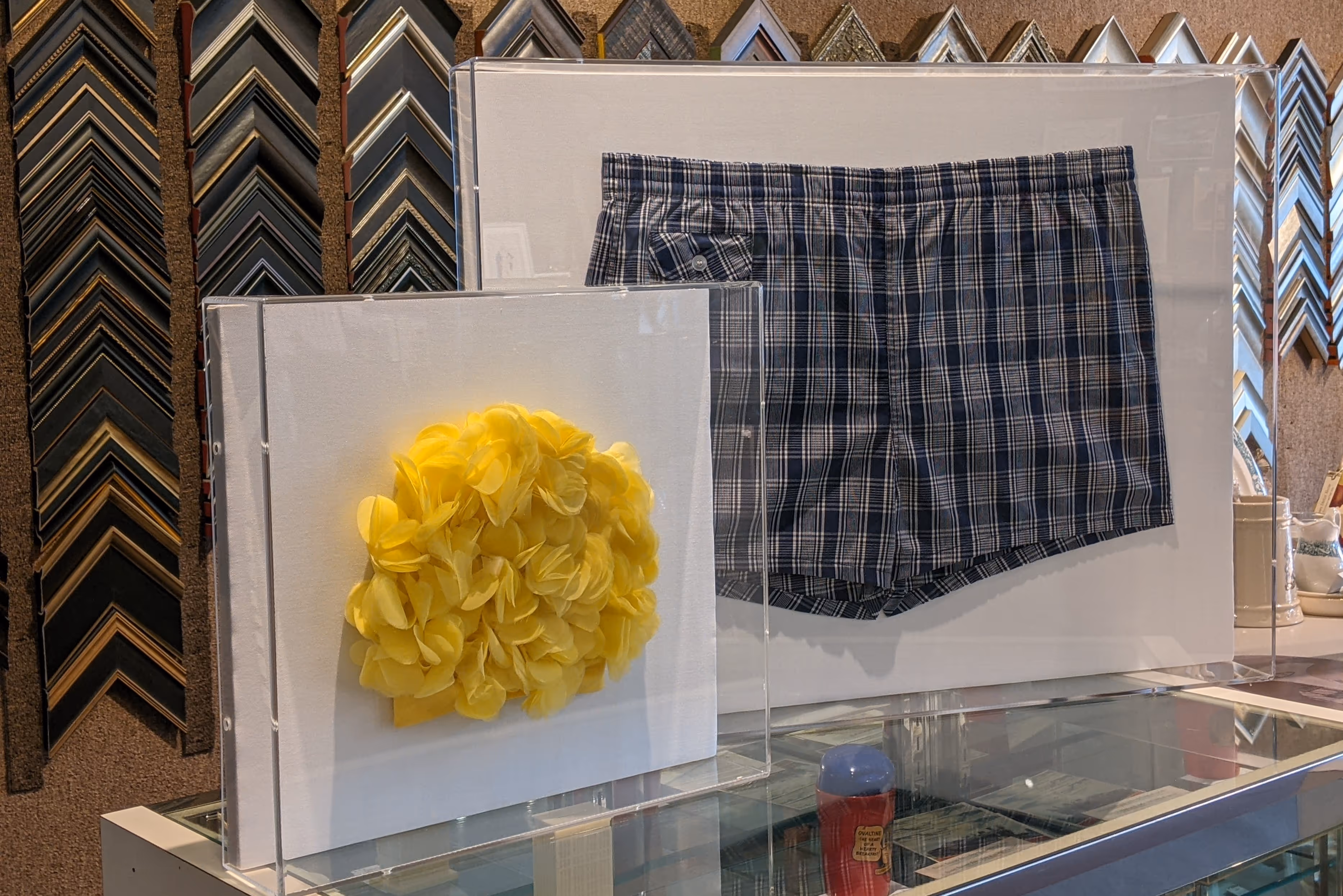 Two display cases on a glass counter holding a yellow flower cluster and a pair of blue plaid shorts, with various picture frame samples on the wall behind.