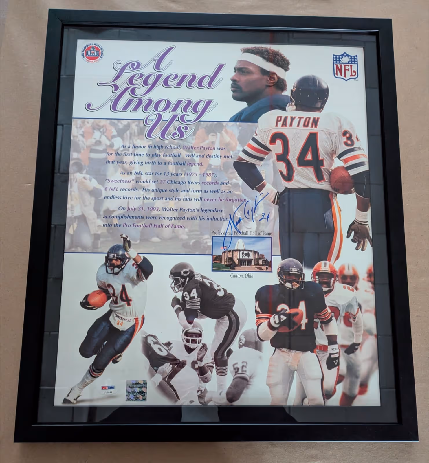 Framed collage titled 'A Legend Among Us' featuring multiple images of Walter Payton in Chicago Bears football uniform number 34, with text about his career and induction into the Pro Football Hall of Fame in Canton, Ohio.