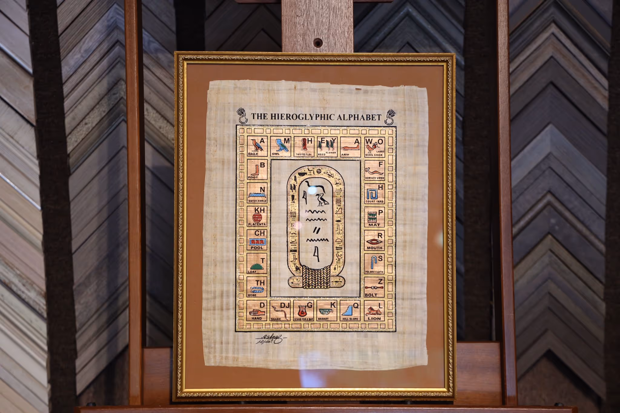 Framed chart titled 'The Hieroglyphic Alphabet' showing Egyptian hieroglyphs with their corresponding English letters and descriptions on papyrus.