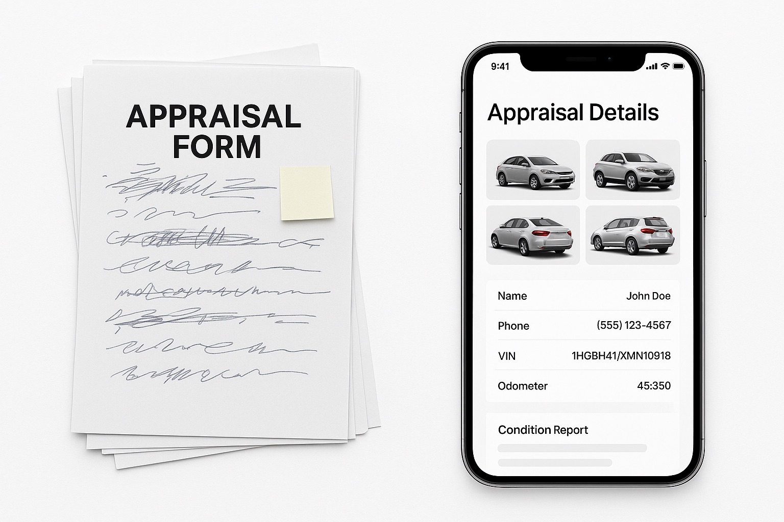 Stack of appraisal forms with handwritten scribbles and a sticky note next to a smartphone displaying vehicle appraisal details including photos, owner name, phone, VIN, odometer, and condition report.